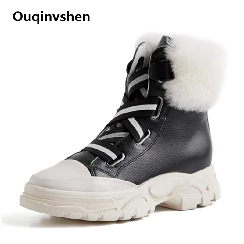 

Ouqinvshen Genuine Leather Fur Boots Cross-tied Platform Wedge Casual Round Toe Ankle Boots Mixed Colors Winter Boots Women 2018