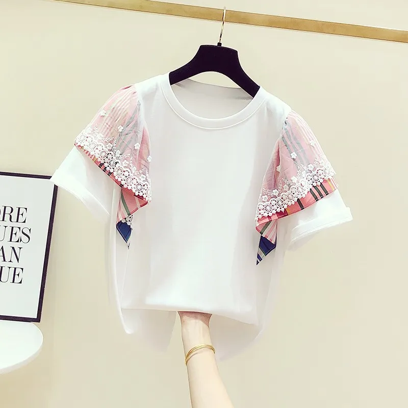 Летняя новая Корейская мозаичная Кружевная футболка с контрастными полосками, вырез лодочкой, короткий рукав, женская повседневная куртка, Студенческая футболка