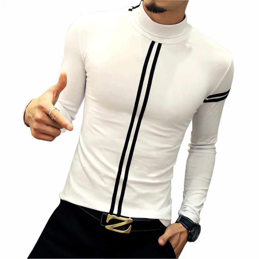 

New Design Men's T Shirts Fashion Leisure Turtleneck Fitness Autumn Winter Under Shirt Slim Tight Stripe T Shirt Men 4XL 5XL