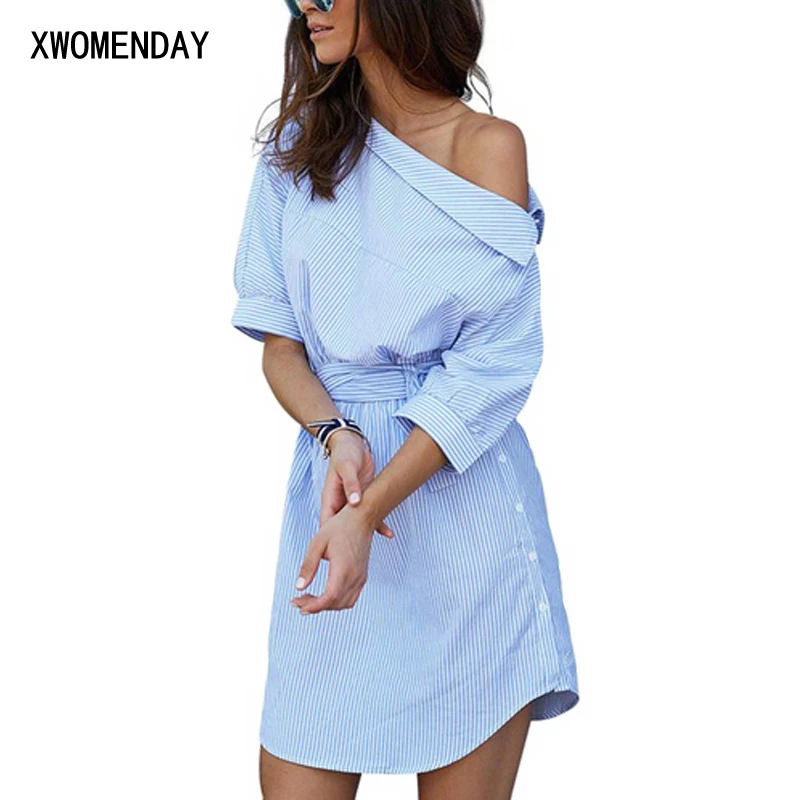 

Summer Women Dress Blue Striped Shirt Short Dress Mini Sexy Side Split Half Sleeve Beach Dresses 2019 Plus Size Sundress 3XL