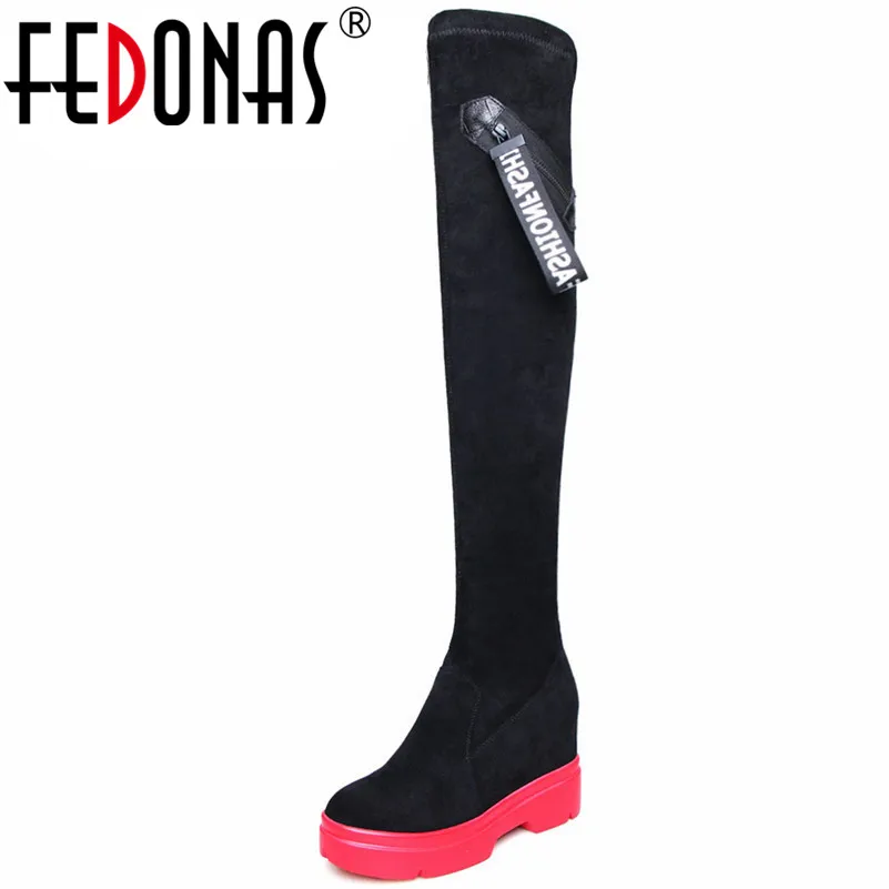 

FEDONAS Brand Women Over The Knee High Boots Wedges High Heels Platforms Casual Shoes Woman Tight High Long Warm Dancing Boots