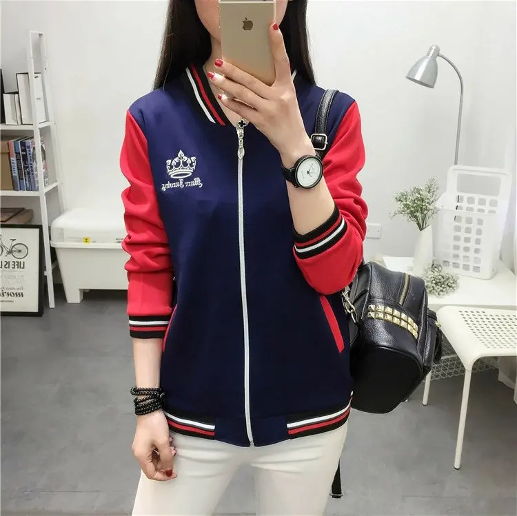 2019 Women's Patchwork Jacket Coat Female Basic Jackets Autumn Long Sleeve Baseball Jackets Plus Size Embroidery Chaquetas Mujer (5)