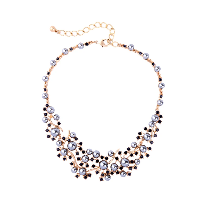 

White & Gray Imitation Pearl Beads Cluster Branch Necklace Collier Women Bib Party Necklace Vintage Costume Jewelry