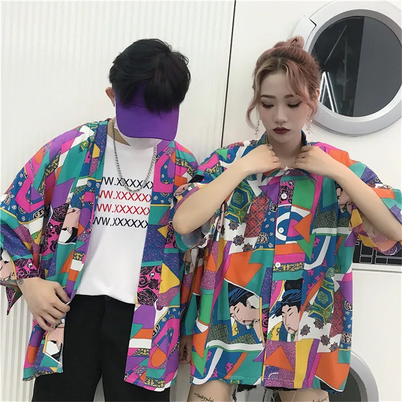 Summer new Harajuku Style personalized painted Printing shirt cardigan loose men and women couple fashion thin LOVER shirt Tops