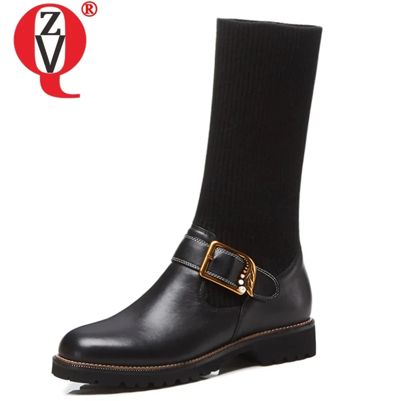 

ZVQ woman shoes 2019 autumn winter new concise casual handmade genuine leather mid calf boots outside comfortable buckle shoes