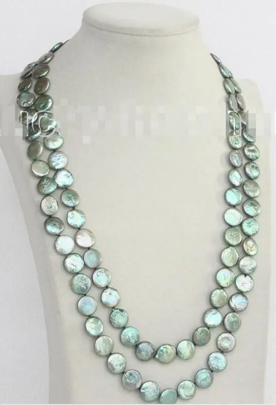 

Hot selling free shipping*******length 48" 12mm coin fastener green freshwater pearls necklace