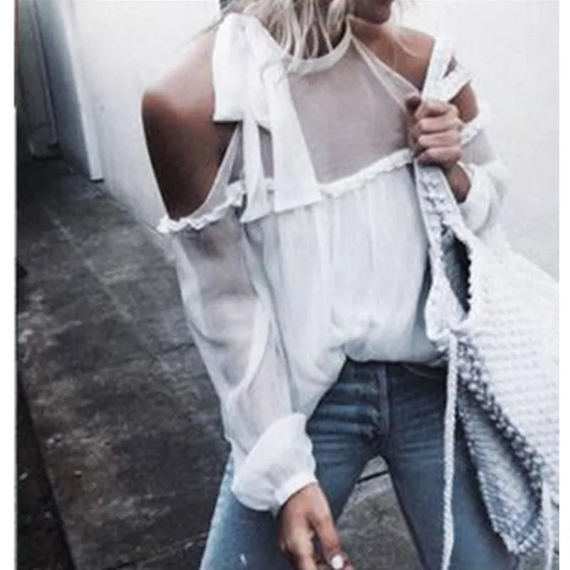 

Women Plus Size Sexy Summer Chiffon Solid Blouse Shirt Tops Elegant Ladies Korea Cold Shoulder Blouses Blusas Female W3