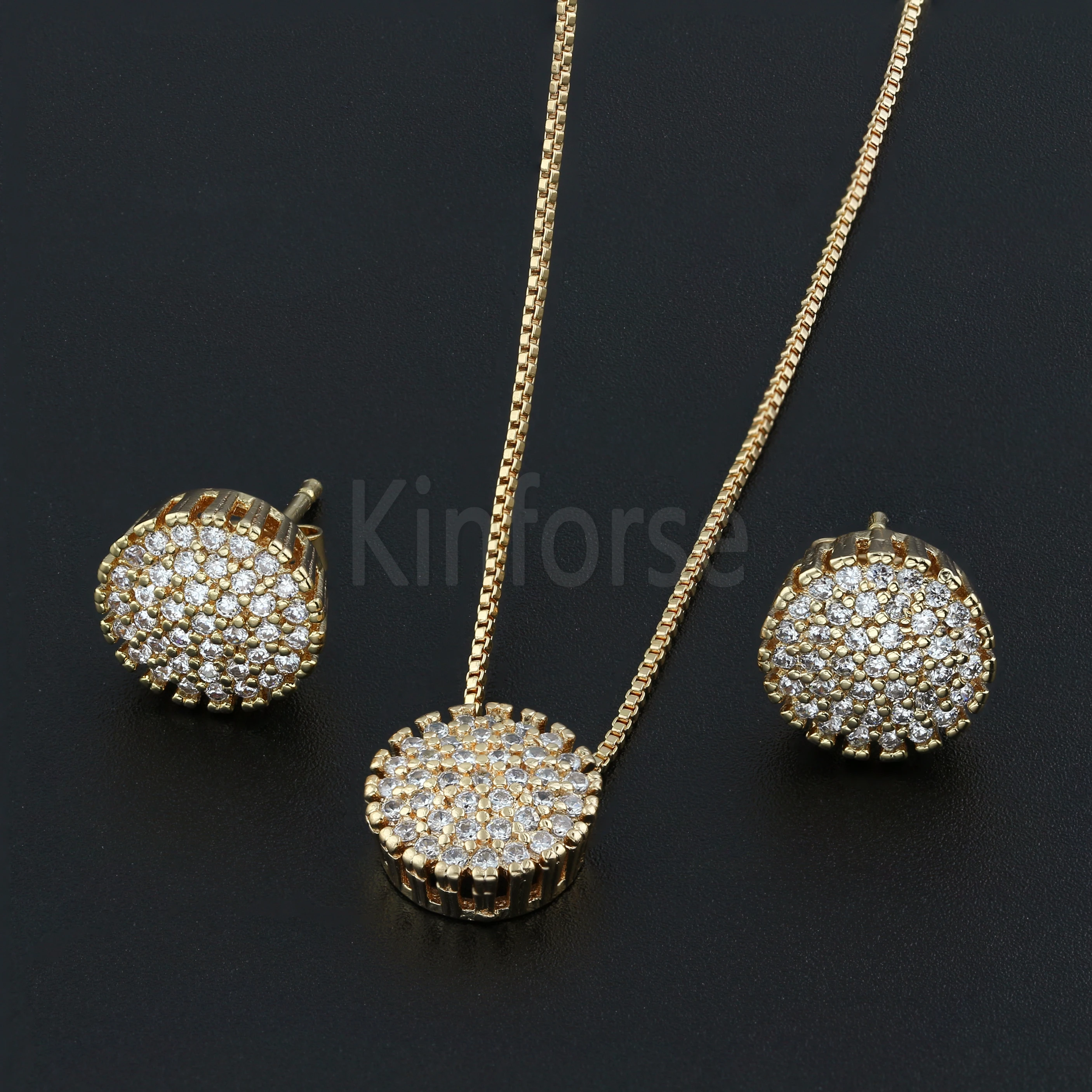 

Kinforse Cubic Zircons Jewelry Set Champagne Gold Filled Round Circle Necklace Earrings Set fr Women Fashion Jewelry SQM001574