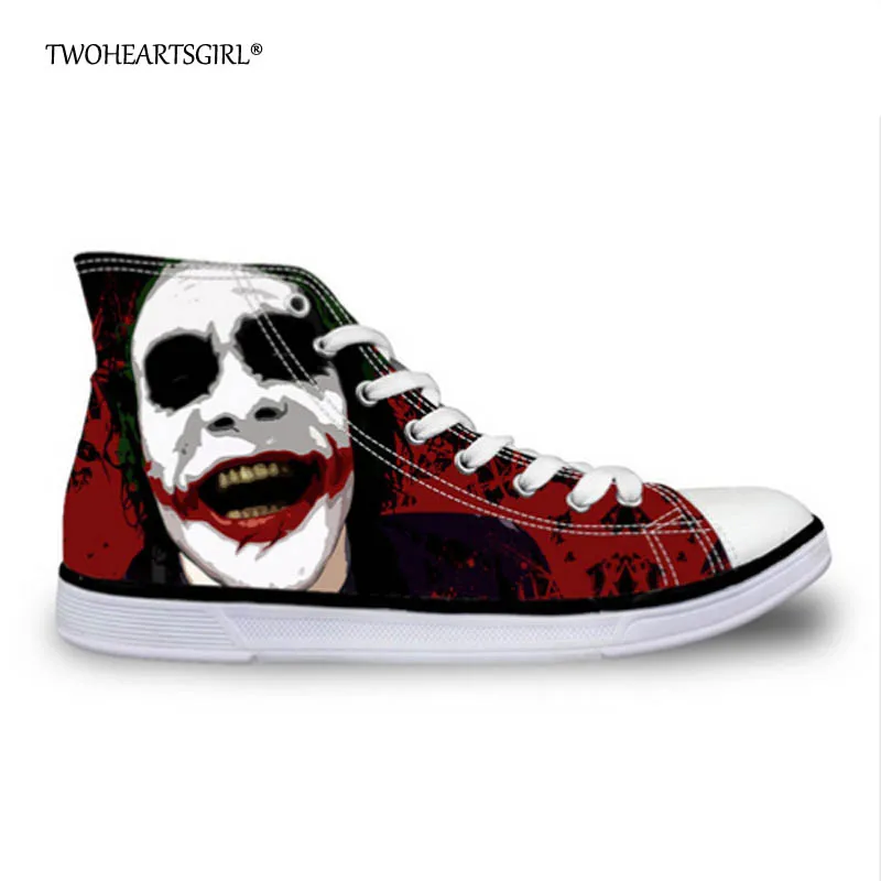 

Twoheartsgirl Women High Top Canvas Shoes Cool Joker Harley Quinn Print Lace Up Vulcanize Shoes Women Cartoon Flats Sneaker