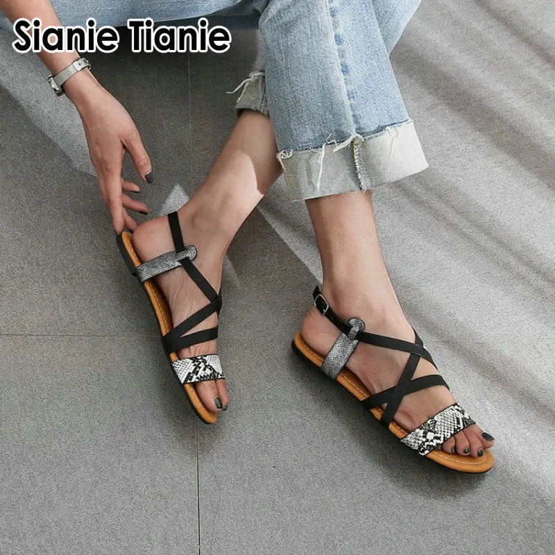 

Sianie Tianie 2019 new summer open toe woman flats shoes snake print casual women slingback sandals with buckle strap sandals