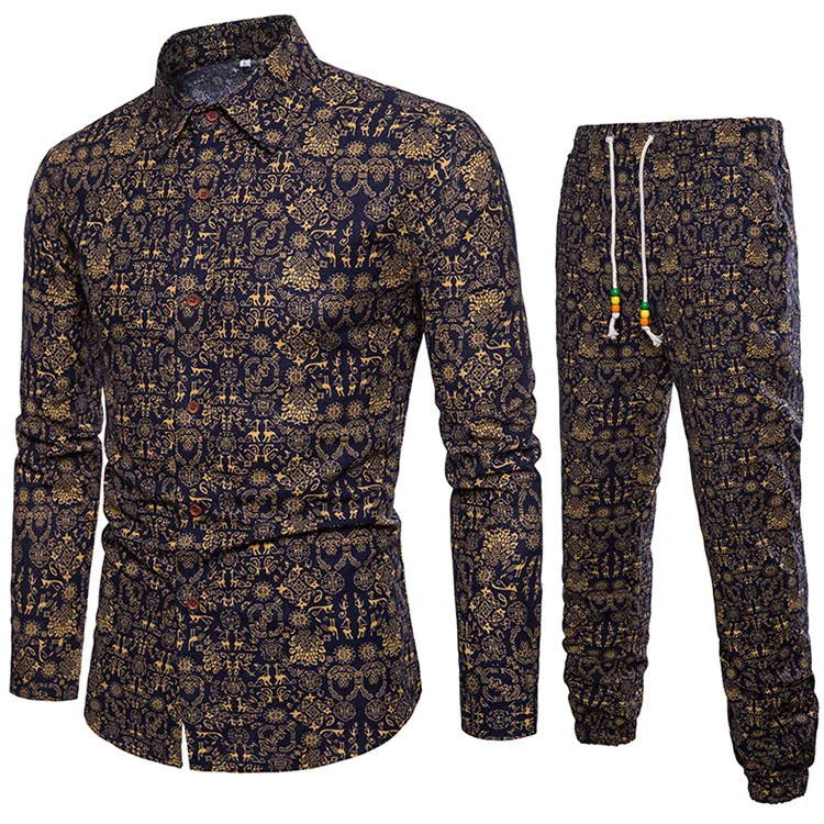 

New Arrival Chinese Style Men's Set Shirt+Pants Linen Cotton Full Length Gold Pattern Printed Casual Shirts Suits Slim Fit 5XL