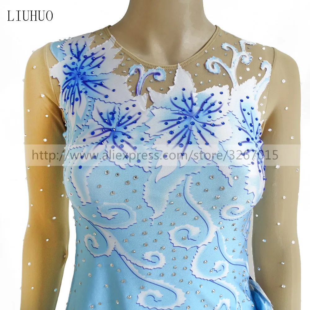 Figure Skating Dress Customized Competition Ice Skating Skirt for Girl Women Rhythmic Gymnastics blue Beautiful flower line 