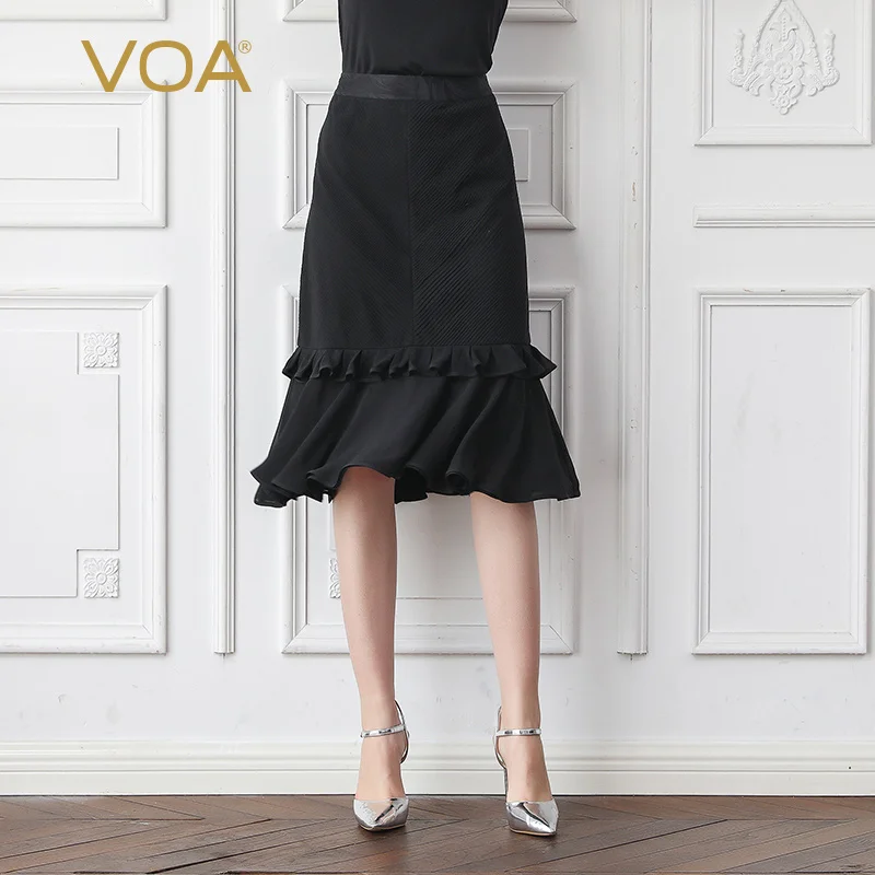 

VOA Silk A Line Skirts Women Little Black Skirt Office Work Ladies Midi Faldas Fall Basic Classic Hepburn Vintage Elegant C622