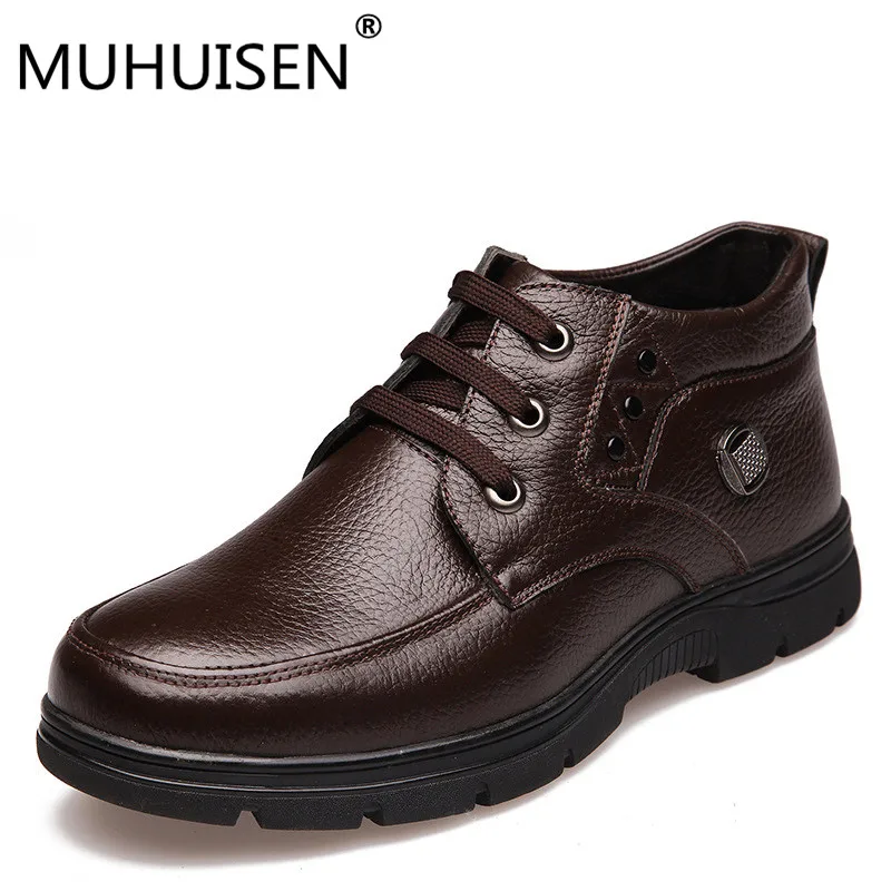 

HUHUISEN Plus Size 38-48 Men Winter Boots With Fur Keep Warm Genuine Leather Men Boots Platform Snow Boots Waterproof Ankle boot