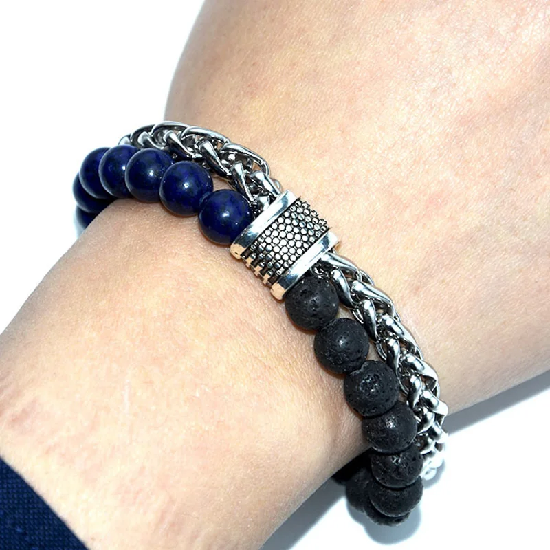 

2019 New Fashion Men Beads Bracelet Charm Alloy Link Chain Bracelet For Homme Brown Natural Tiger eyes Braslet Lava Rock Braclet
