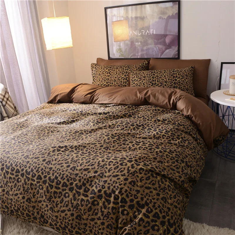 

Pure Cotton Brief Style 3 4pcs Bed Duvet Cover Bed Sheet Pillowcase Brown Black And White Leopard Print Dark Plaid
