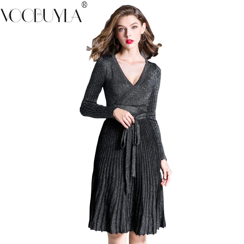 

Voobuyla Women Knitted Dress Sexy Deep V-Neck Dresses 2018 Autumn Vintage Bow Tie Robe Femme Elegant Winter Knitting Dress Lady