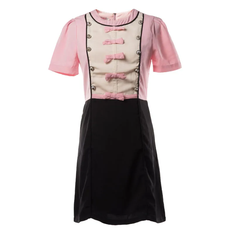 

Pink Bow Pearl Buttons Patchwork Women Dresses 2018 Summer Autumn Runway Designer High Quality Plus Size XXL 2XL Mini Dress