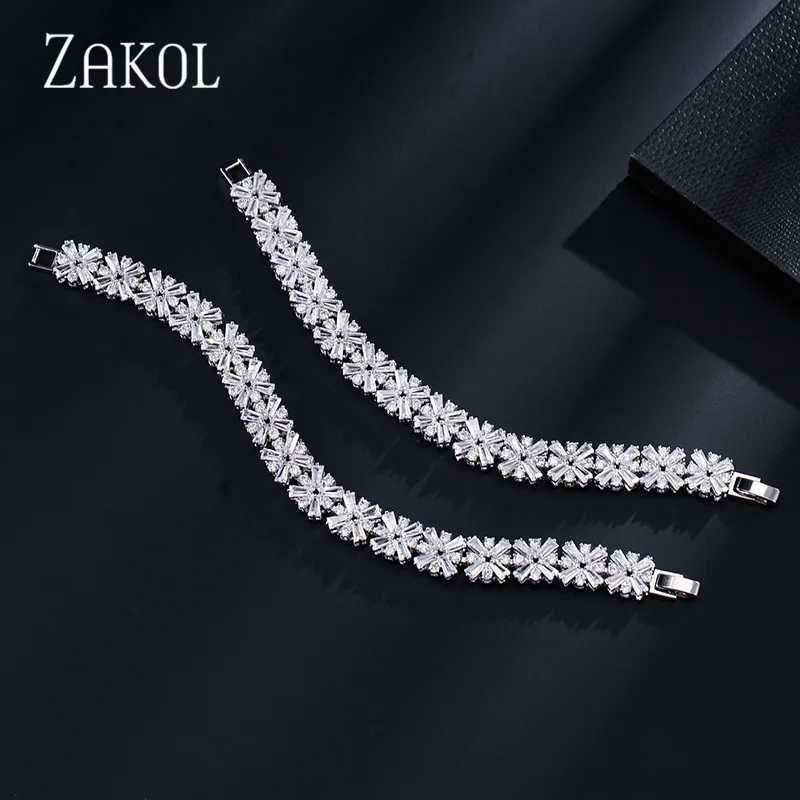 ZAKOL النساء مجوهرات الأزياء رائع الفضة اللون الربيع زهرة زركون متصل سوار للتنس للعرائس FSBP010