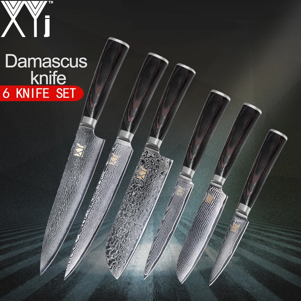 

XYj Damascus Steel Cooking Knife VG10 Core Kitchen Knives Pattern 3.5" Fruit 5" Utility 7"5" Santoku 8" Slicing 8" Chef Knife