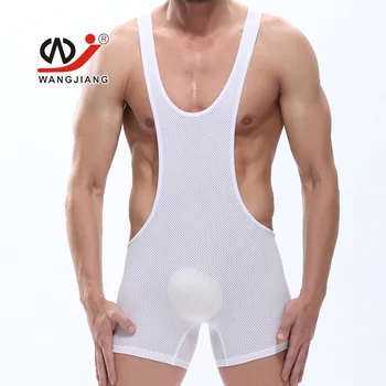 

WJ Men's Underwear Manufacturers Wholesale Sexy Elastic Mesh Breathable U Convex Design Jumpsuits