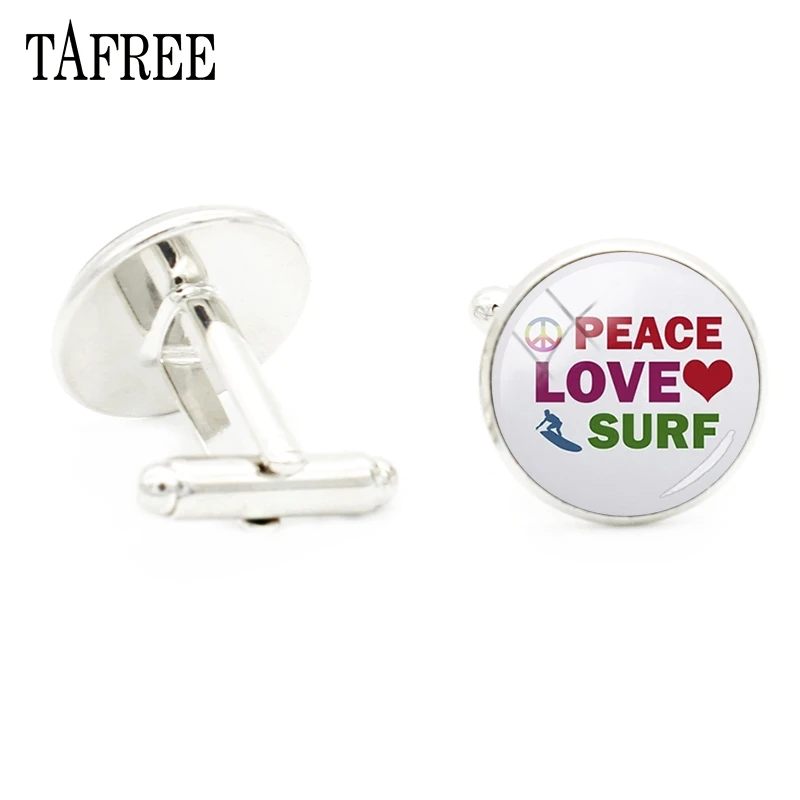 

TAFREE Fashion Handmade Cufflinks Mens Peace Love Surf Steampunk Cufflink Glass Cabochon High Quality Cuff Links Jewelry SF38