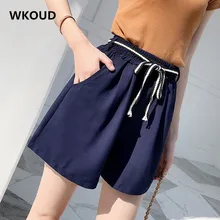 WKOUD летние шорты для женщин с высокой эластичной талией Горячие шорты с поясом свободные короткие брюки с карманами повседневные шорты H1027
