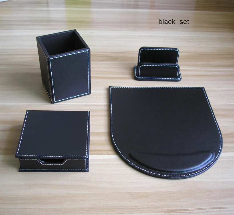 wooden leather desk office stationery organizer pen holder pencil case card note case desk accessories black K209A 4PCS /set