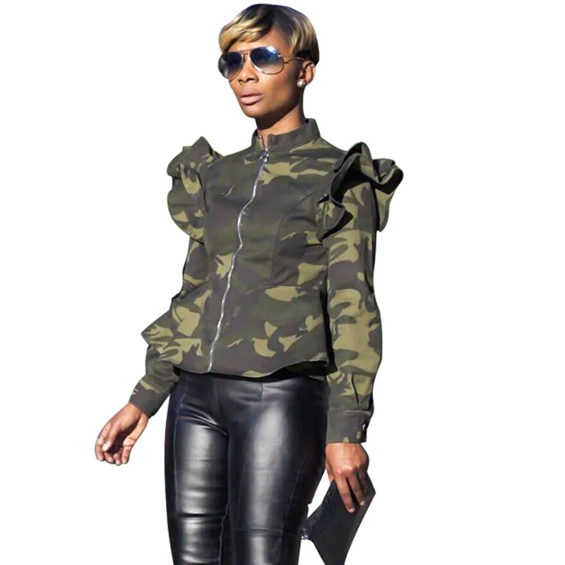 Женская камуфляжная куртка-бомбер размера плюс, с длинным рукавом, стоячим воротником, рюшами, на молнии, уличная одежда, короткие пальто и куртки, верхняя одежда