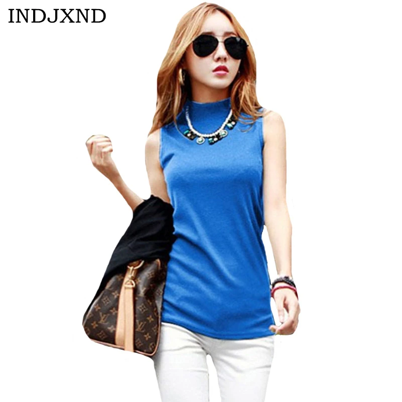 Download INDJXND Women Summer Sleeveless T shirt Mock Neck Top Turtleneck Sleeveless Shirt Slim Cotton ...