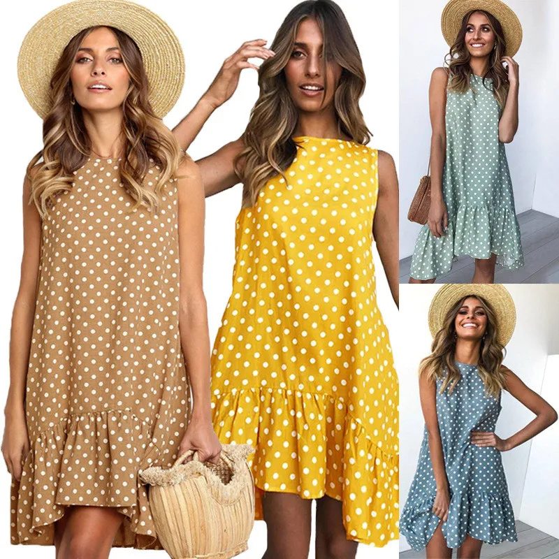 

Wave Point Dress Ruffled O Neck sleeveless Mini Women Dresses 2019 Spring Sundress New Fashion Casual Thin Beach Party vestido