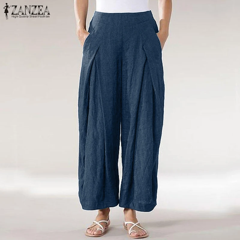 ZANZEA женские летние штаны-шаровары с эластичной резинкой на талии, повседневные широкие брюки с карманами, брюки размера плюс, однотонные брюки, женские брюки
