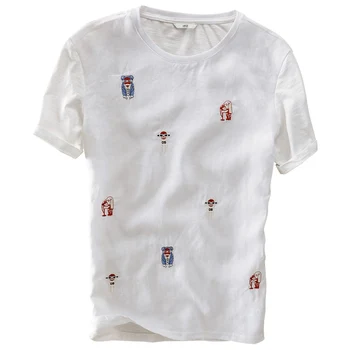 

Suehaiwe's brand Italy style cartoon printing short-sleeved linen t shirt men summer white t-shirt men flax casual loose tshirt