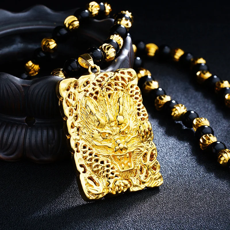 Высокое качество из натурального черного камня+ 24 K цепочка с золотыми бусинами с Буддой кулон с драконом ожерелья для мужчин Роскошные Длинные/чокер ювелирные изделия - Окраска металла: XJ5463-F