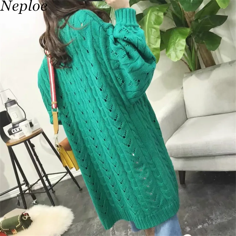 

Neploe New Hollow Out Solid Long Cardigan Knitwear Women Long Sleeve V-neck Sweater Loose Autumn Knitted Chaqueta Mujer 68153