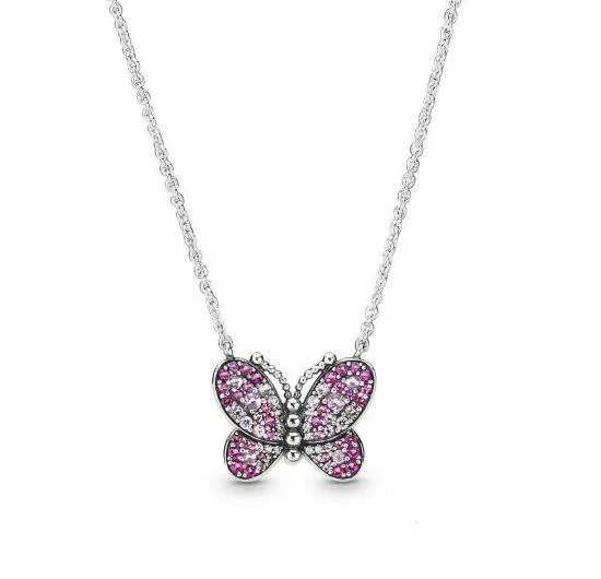 

Original 925 Sterling Silver Necklace Pan Dazzling Pink Butterfly Necklace For Women Wedding Gift Diy Jewelry