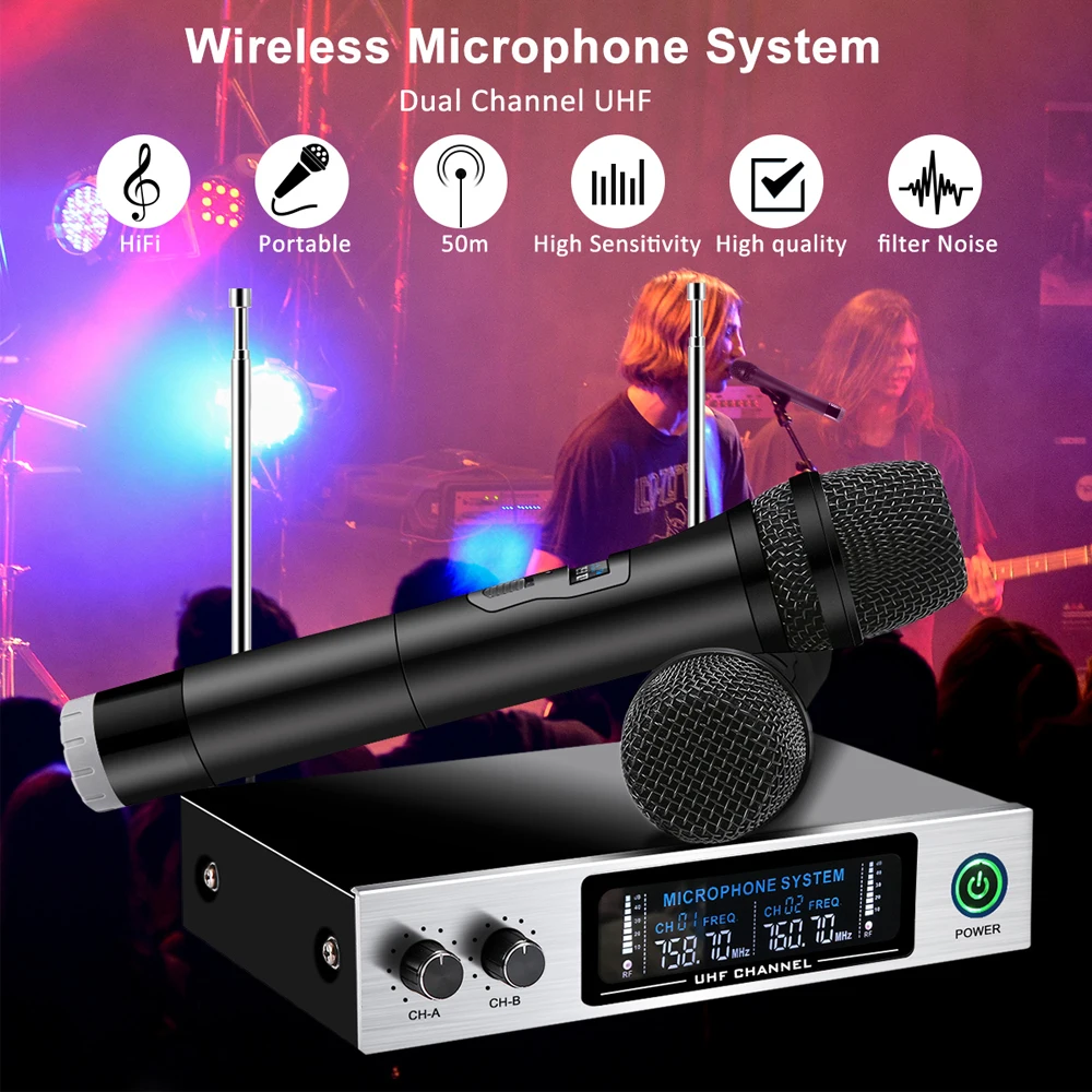

1set Wireless Microphone System with carry case 2 Metal handhled Bluetooth Microphone MIC kit for home party, performance