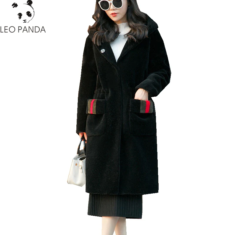 

Autumn Winter New Women Adjustable Waist Hooded Medium and long hat lamb fur coat Female Slim Fashion Comfortable Coats ZX1189