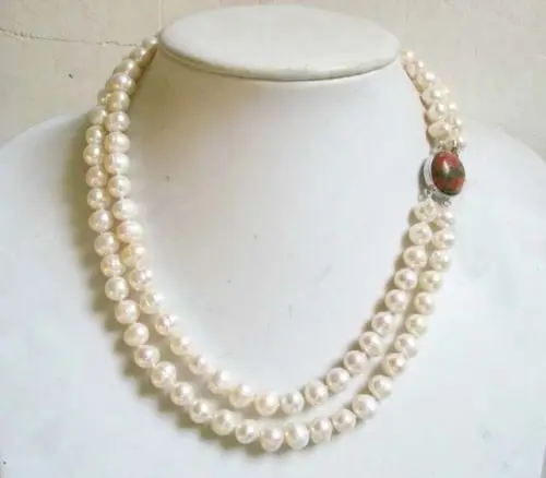 

06932 white freshwater pearl 2 strands baroque beads necklace unakite clasp