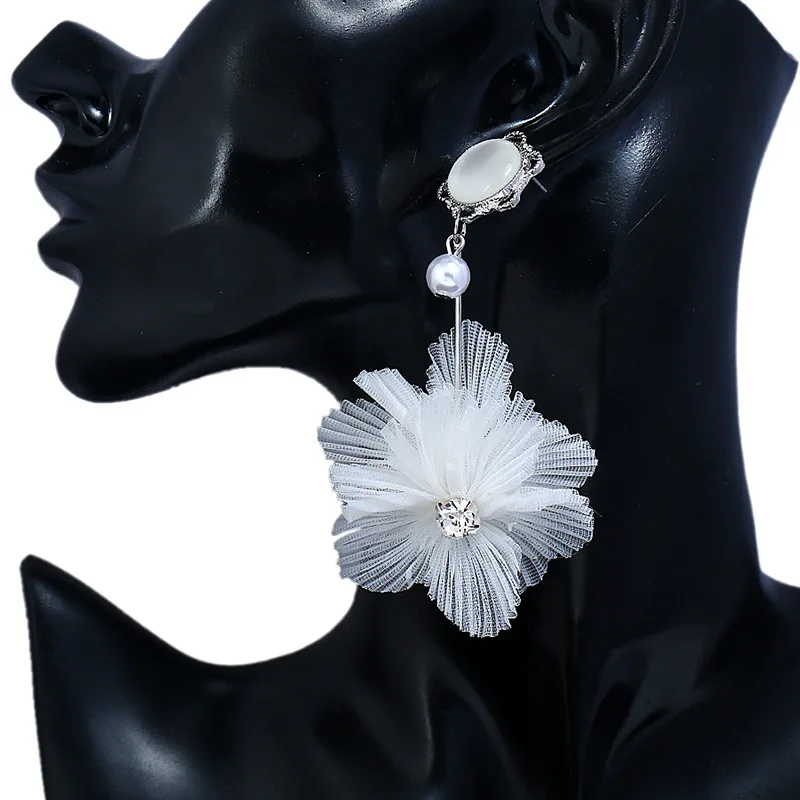 Elegant Fabric Lace Flower Earrings Shaped Charms Fringed Tassel Earrings