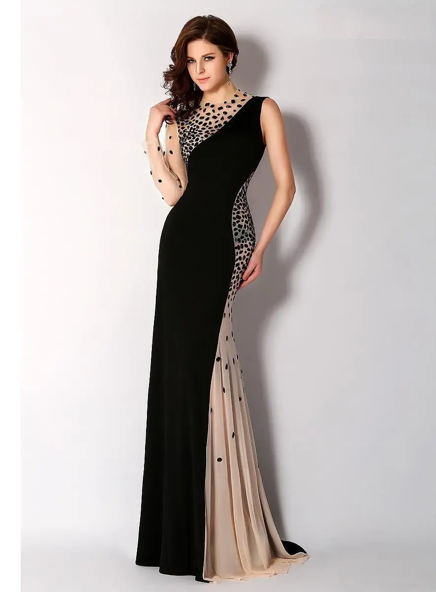 One Shoulder Long Sleeve Black Mermaid Evening Dress 2015 Elegant Sexy Crystal Wedding Guest 