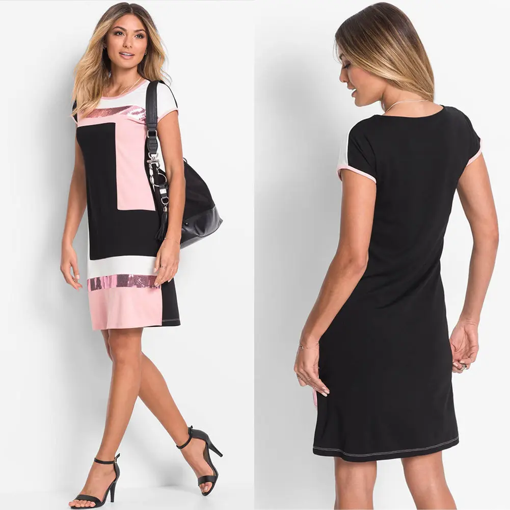 

NEW Women Summer Dress Straight Mini Dresses Patchwork Boho Short Sleeve Party Evening Vestido Mini Dress S M L XL
