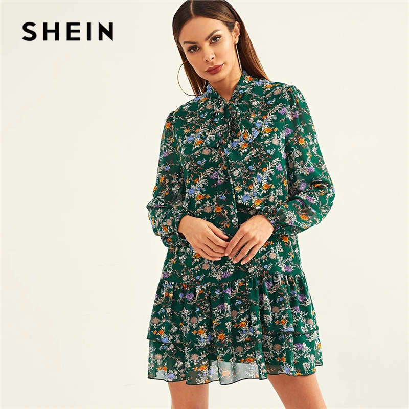 SHEIN Green Modern Lady Allover Floral Print Stand Collar Tie Neck ...