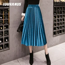IUURANUS, осенне-зимняя бархатная юбка с высокой талией, обтягивающие, большие, свободные, длинные, плиссированные юбки цвета металлик, 18 цветов, размера плюс 3XL