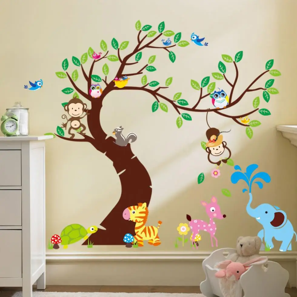 

% Large Size World Animals Cartoon Monkey Owl bird Elephant Wall Stickers Tree Wall Decals for Nursery Child Kids Rooms Decor
