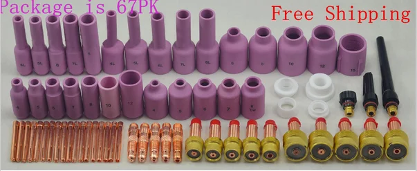 

Free shipping 67pk TIG Consumables Kit Gas Lens Fit SR WP17 18 26 Excellent Quality Tig Torch Welding Alumina Nozzle Collet Body