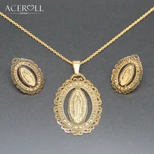 ACEROLL католические украшения набор из нержавеющей стали полые кружевная серьга и ожерелье с подвеской Девы Марии гваалупе выгравированы