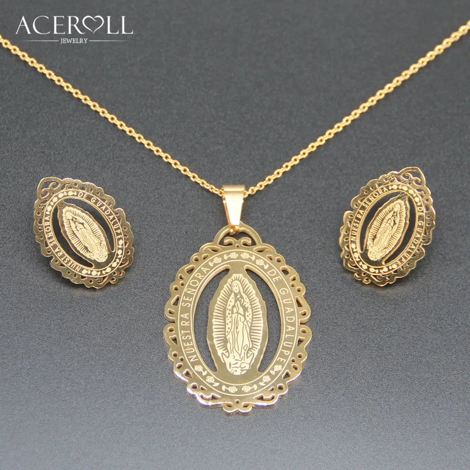 

ACEROLL Catholic Jewelry Set - Stainless Steel Hollow Lace Earring and Pendant Necklace with Virgin of Mary Guadalupe Engraved