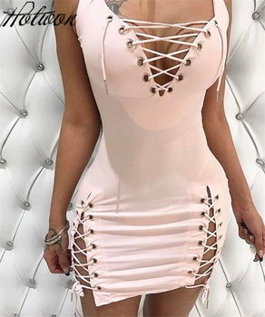 

Summer Sleeveless Dresses Women Strap Beach Dress pink Sexy Lace Up Party Dresses Vestidos Robe v-Neck Femme 2017