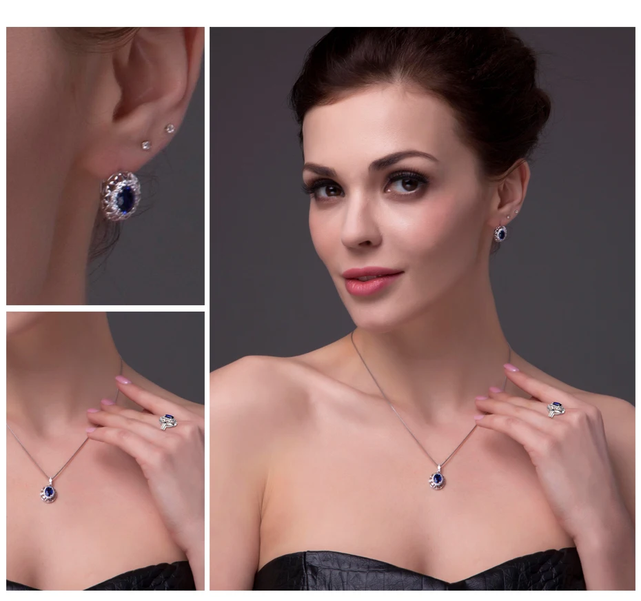 Jewelrypalace Oval 925 plata esterlina joyería conjunto azul creado anillo de zafiro pendiente marca Clip para las mujeres joyería fina - 5